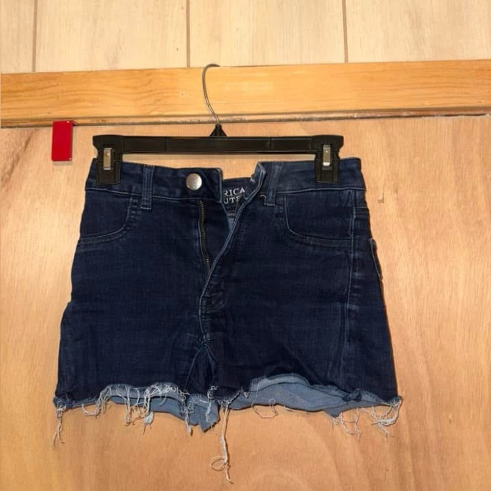 American Eagle Outfitters Blue Jean Shorts High-Waisted Frayed Hem